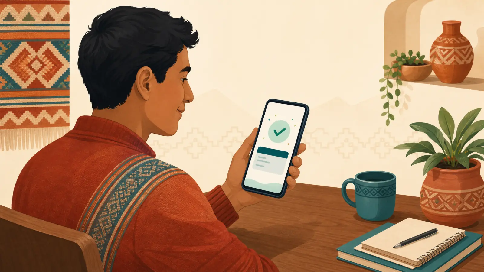 Persona revisando su celular con la app de su banco peruano abierta para confirmar un desembolso