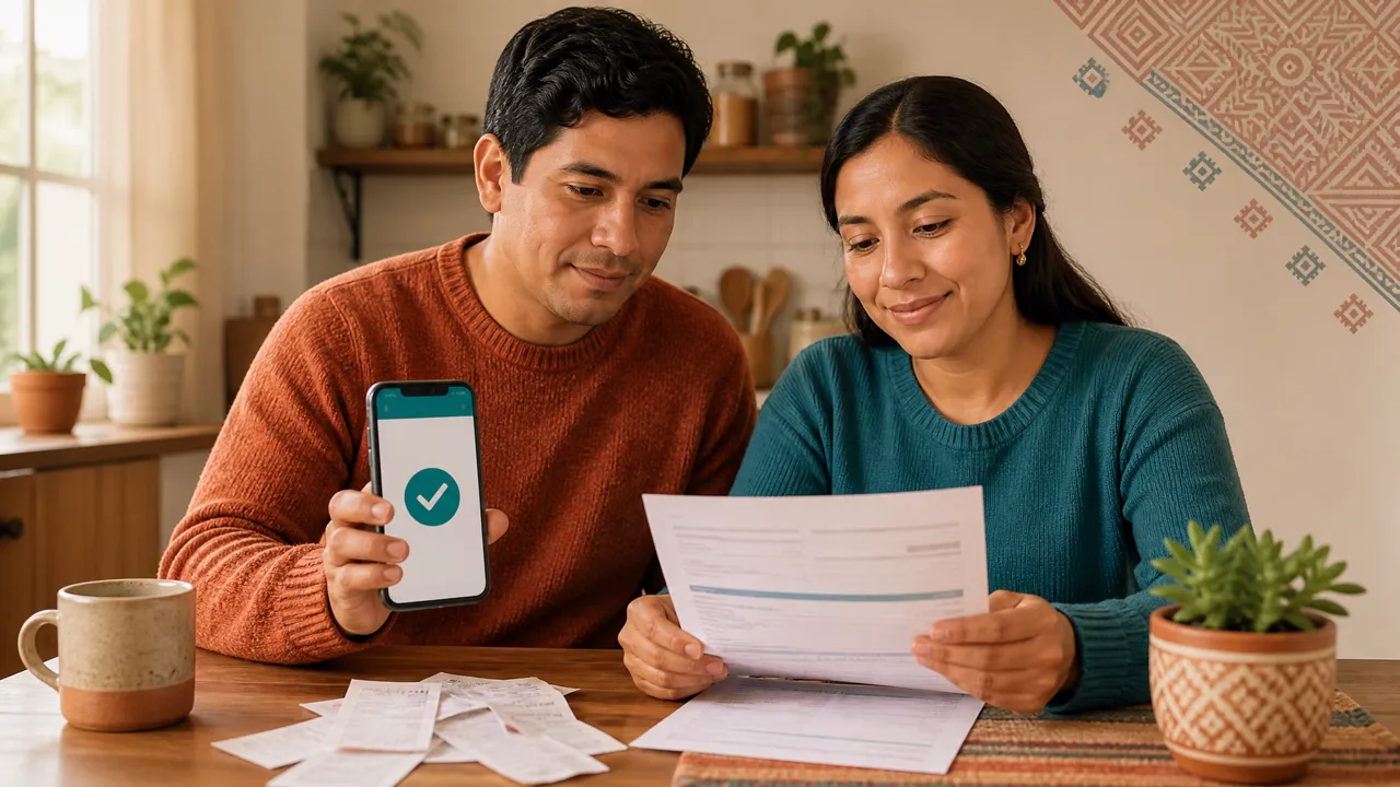 Pareja peruana organizando sus recibos en una sola cuenta mientras revisa el celular