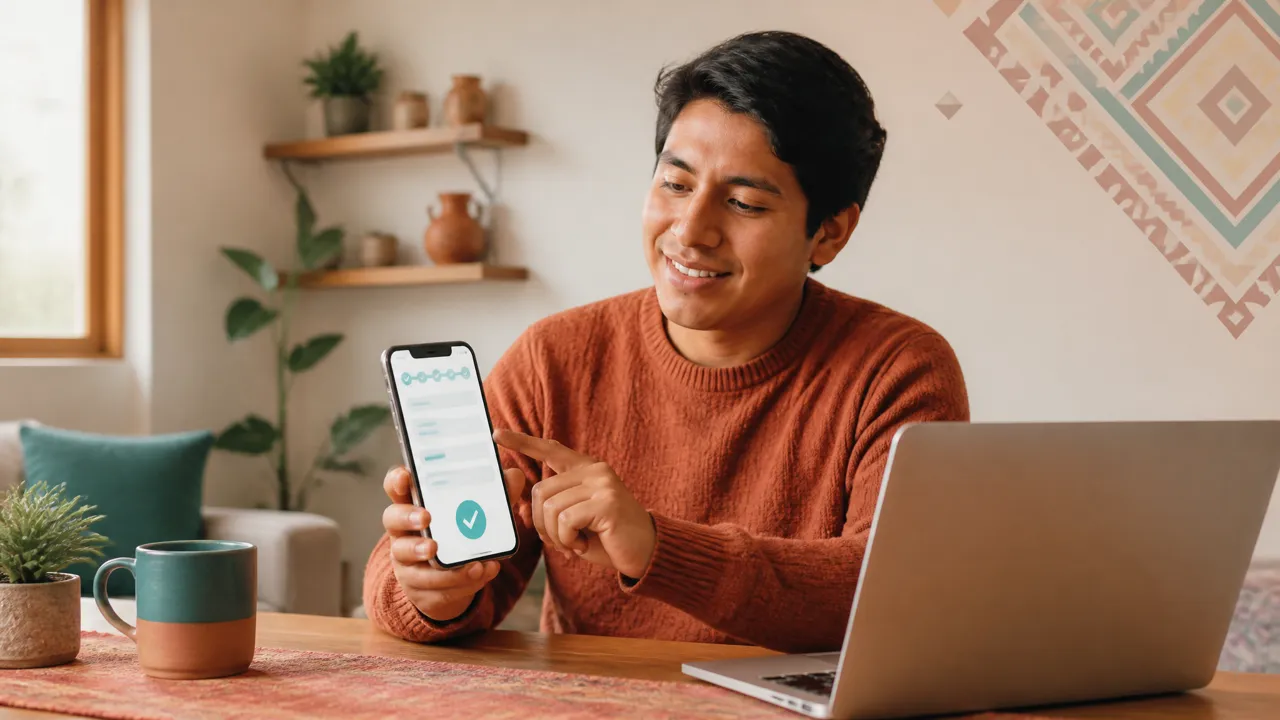 Joven peruano completa una solicitud de préstamo desde su celular en casa