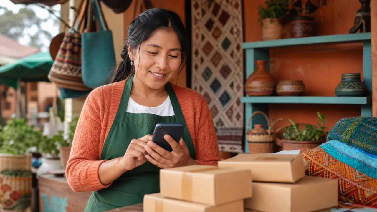 Emprendedor peruano revisando pedidos de su negocio desde el celular mientras organiza capital de trabajo
