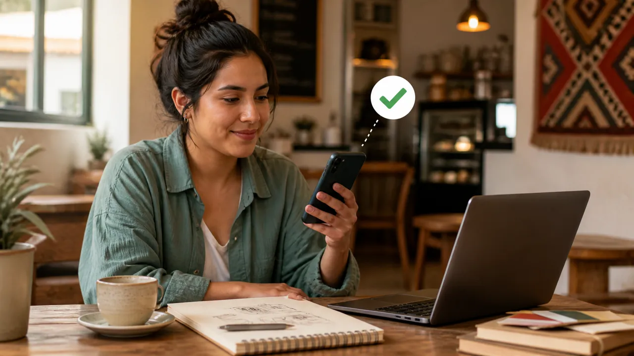 Diseñadora independiente peruana revisa una aprobación de préstamo en su celular en un café