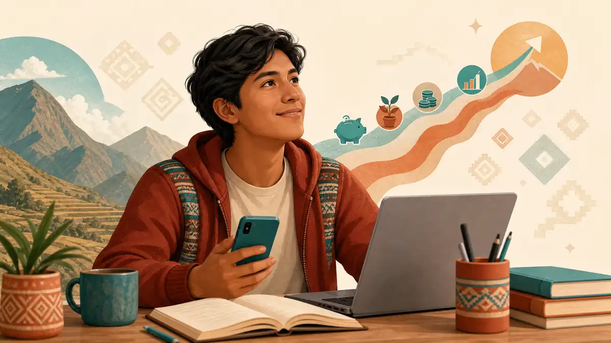 Joven peruano revisando opciones de préstamo desde su celular