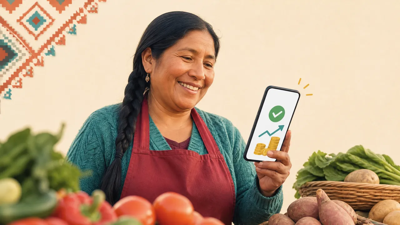 Vendedora peruana mira sonriente la aprobación de su préstamo en el celular