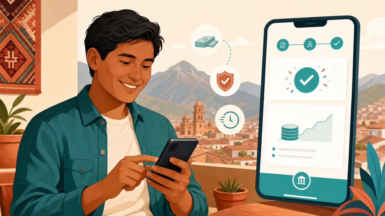Joven peruano solicitando un préstamo desde su celular en una app móvil