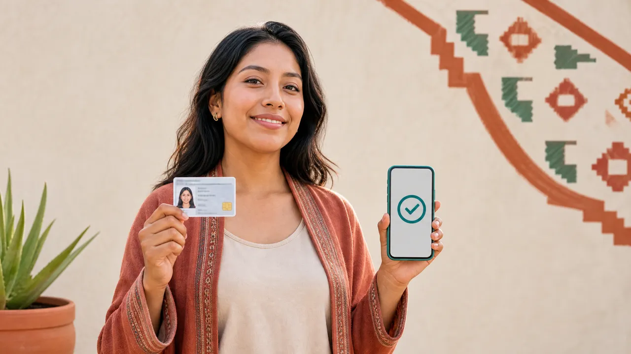 Mujer peruana sostiene su DNI y su celular con una aprobación confirmada, sin aval