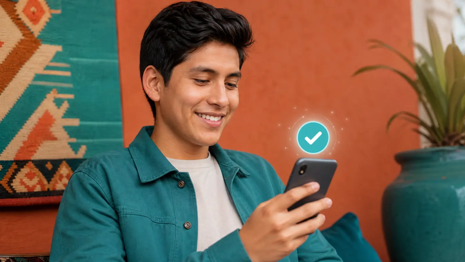 Joven peruano revisando su celular con aprobación de préstamo sin historial crediticio