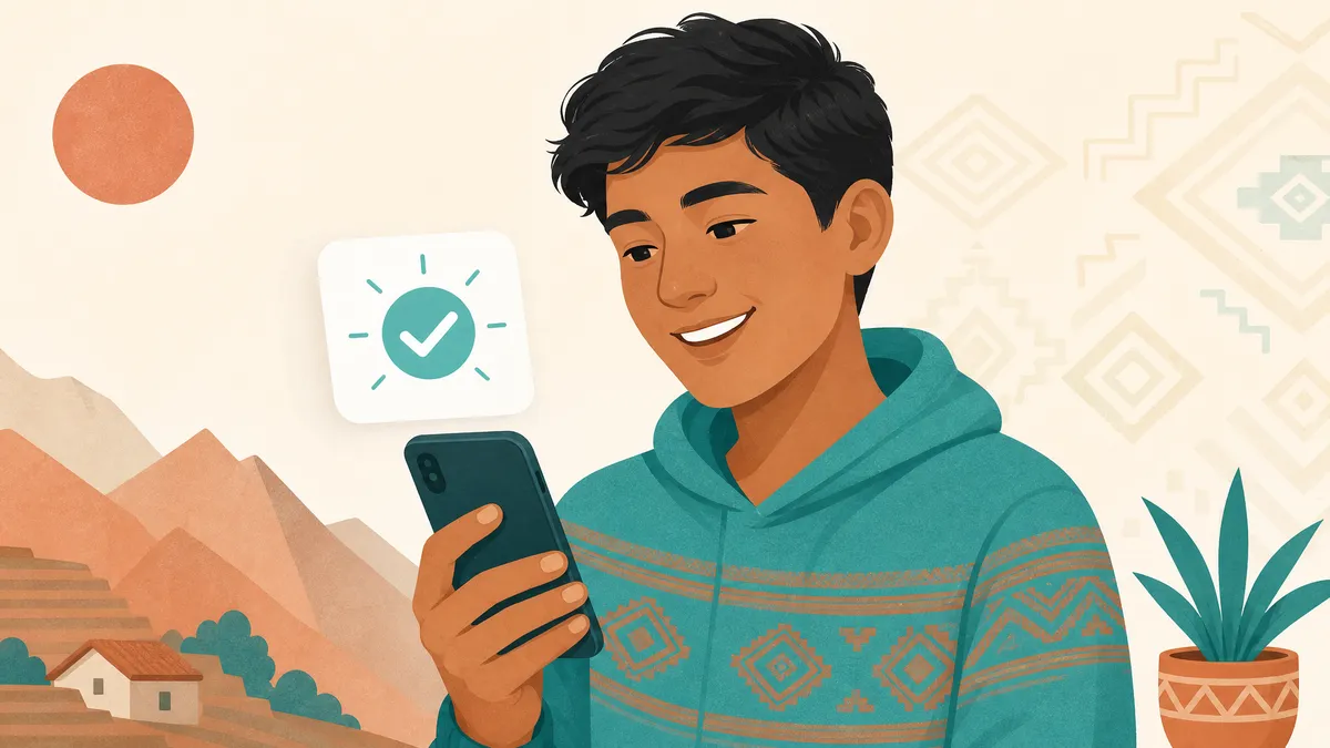 Joven peruano sonriendo mientras confirma su primer préstamo sin intereses desde el celular